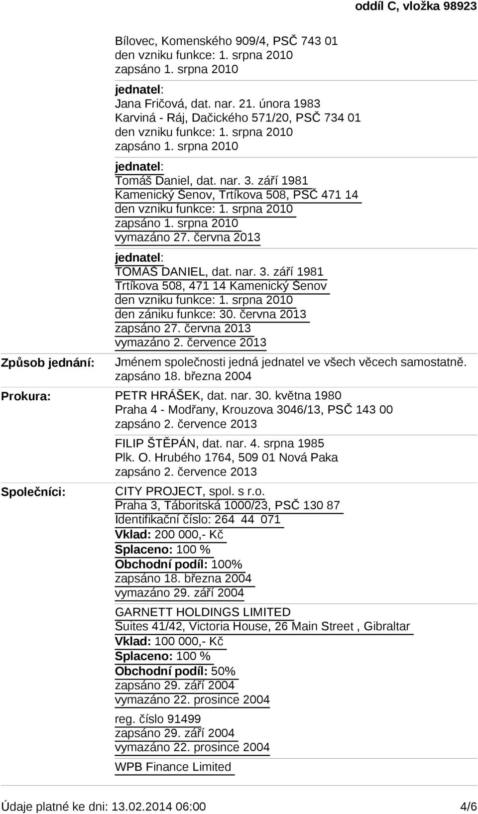 června 2013 vymazáno 2. července 2013 Jménem společnosti jedná jednatel ve všech věcech samostatně. Prokura: PETR HRÁŠEK, dat. nar. 30.