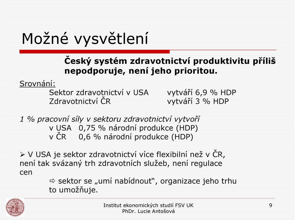 národní produkce (HDP) v ČR 0,6 % národní produkce (HDP) vytváří 6,9 % HDP vytváří 3 % HDP V USA je sektor zdravotnictví