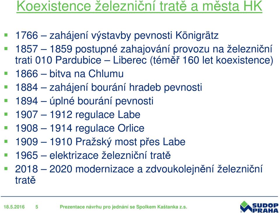 1894 úplné bourání pevnosti 1907 1912 regulace Labe 1908 1914 regulace Orlice 1909 1910 Pražský most přes Labe 1965 elektrizace