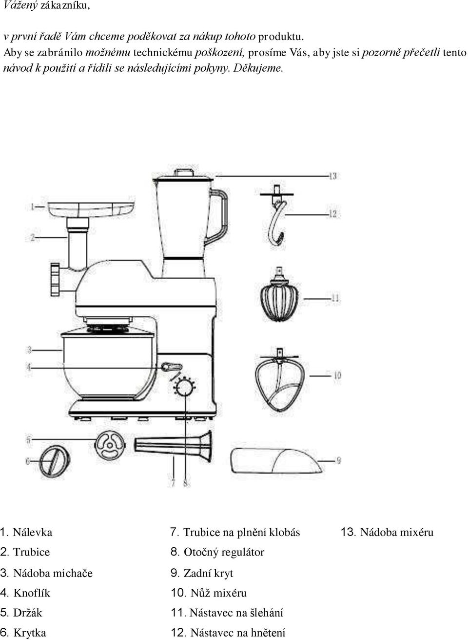 a řídili se následujícími pokyny. Děkujeme. 1. Nálevka 2. Trubice 3. Nádoba míchače 4. Knoflík 5. Držák 6.