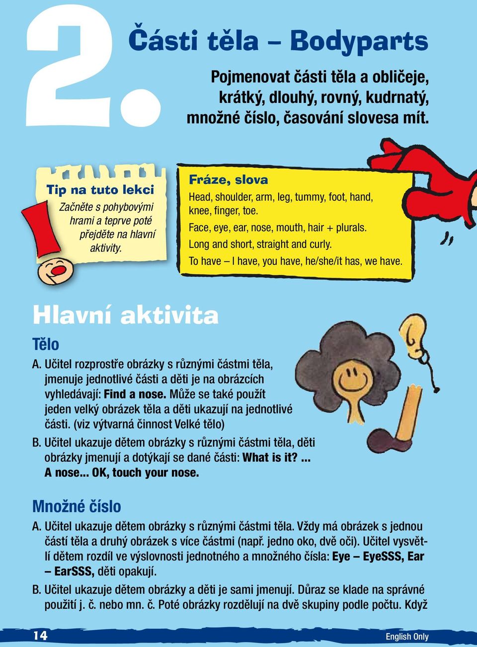 Face, eye, ear, nose, mouth, hair + plurals. Long and short, straight and curly. To have I have, you have, he/she/it has, we have. Hlavní aktivita Tělo A.