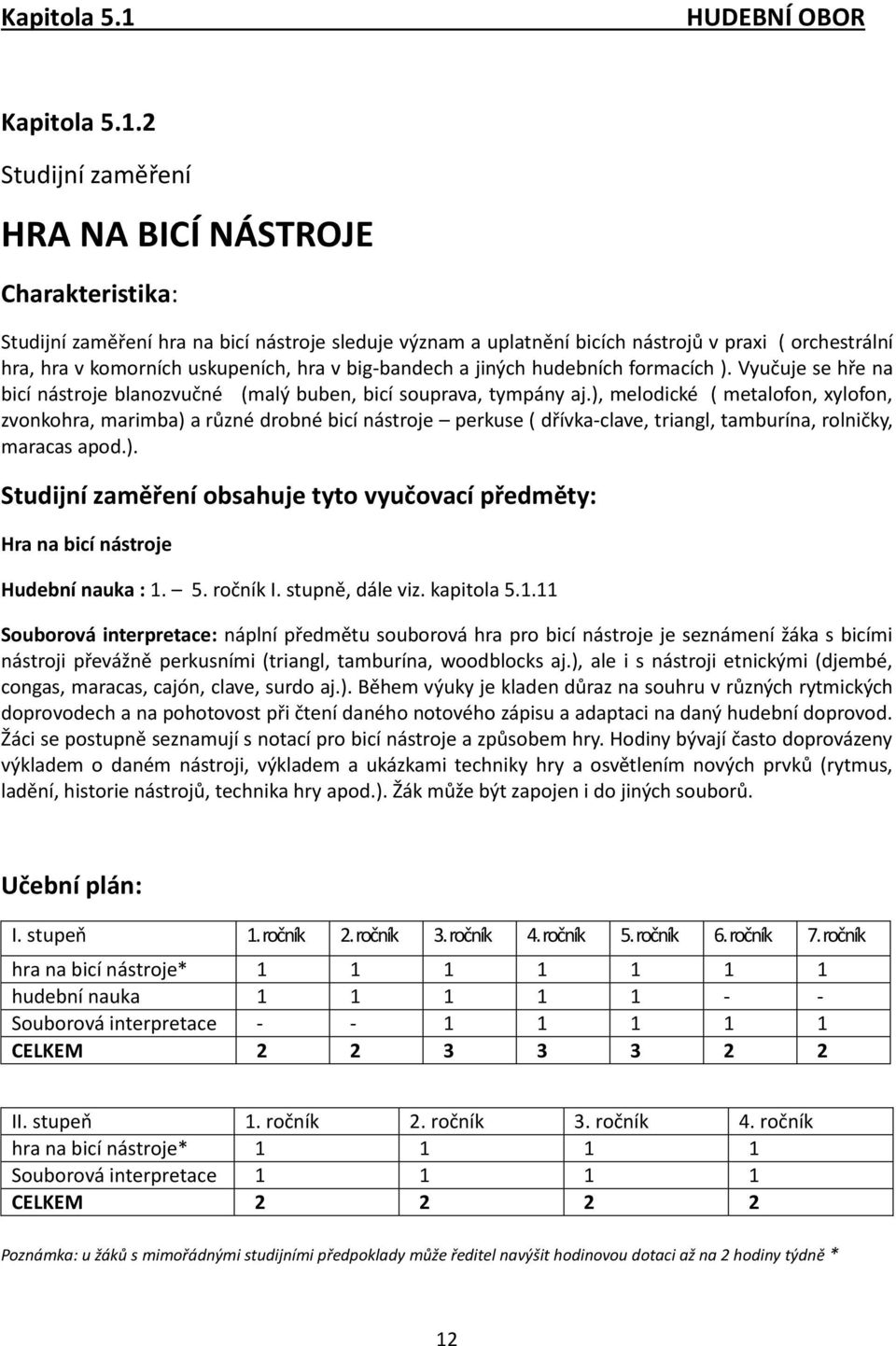 2 Studijní zaměření HRA NA BICÍ NÁSTROJE Charakteristika: Studijní zaměření hra na bicí nástroje sleduje význam a uplatnění bicích nástrojů v praxi ( orchestrální hra, hra v komorních uskupeních, hra