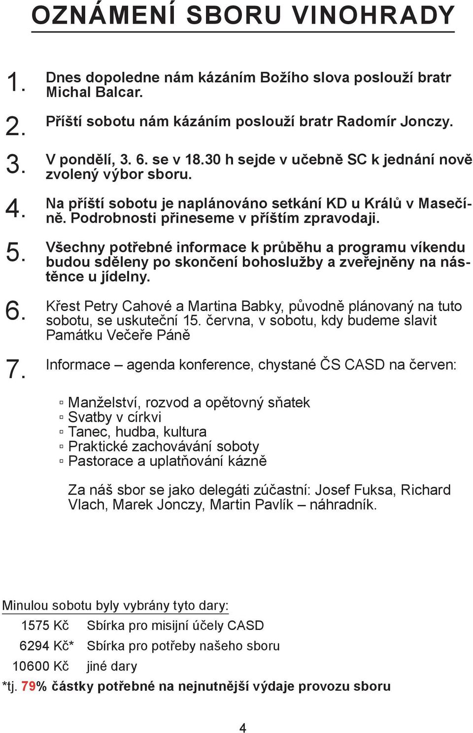 Všechny potřebné informace k průběhu a programu víkendu budou sděleny po skončení bohoslužby a zveřejněny na nástěnce u jídelny. 6.