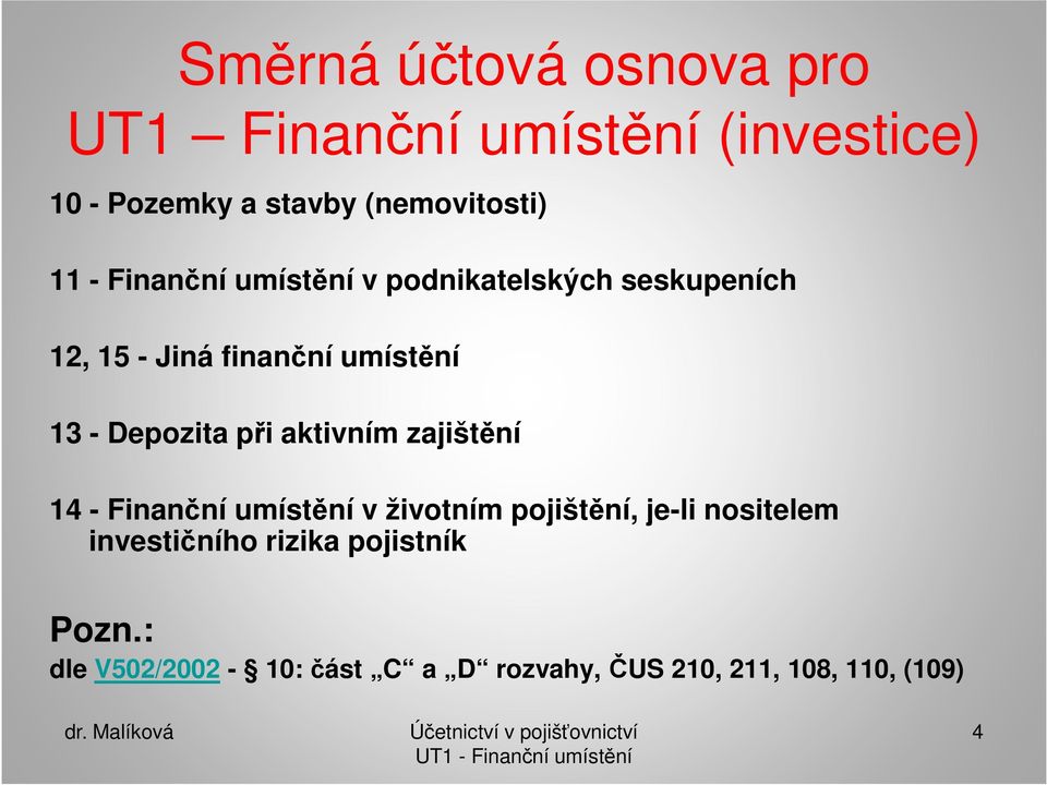 Depozita při aktivním zajištění 14 - Finanční umístění v životním pojištění, je-li nositelem