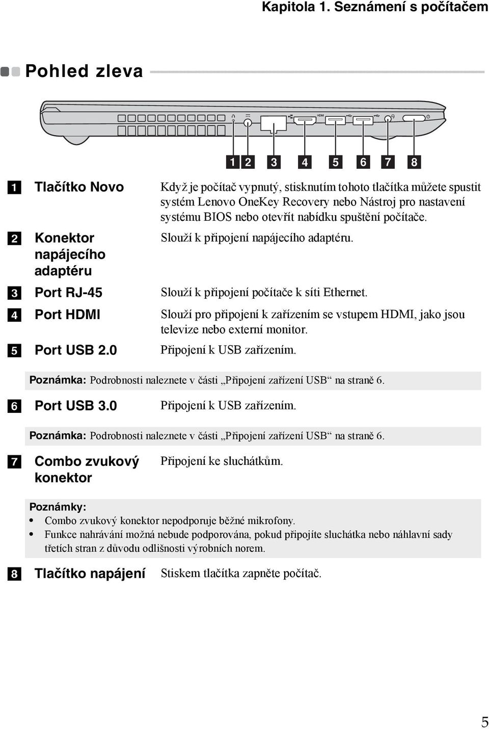 - - - - - - - a Tlačítko Novo Když je počítač vypnutý, stisknutím tohoto tlačítka můžete spustit systém Lenovo OneKey Recovery nebo Nástroj pro nastavení systému BIOS nebo otevřít nabídku spuštění