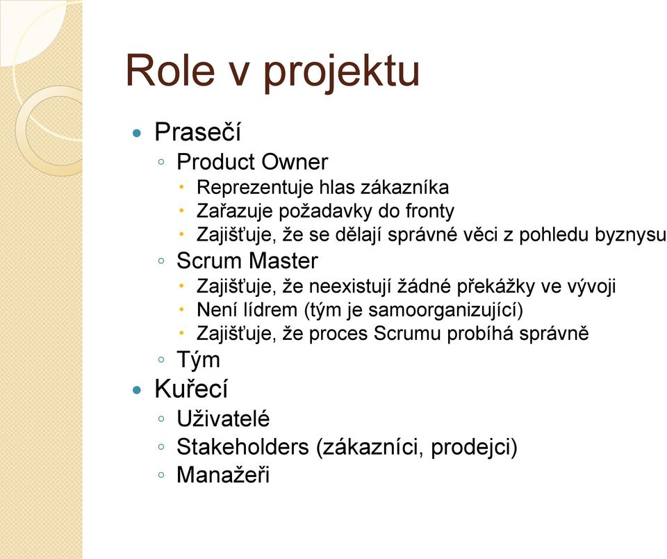 neexistují žádné překážky ve vývoji Není lídrem (tým je samoorganizující) Zajišťuje, že