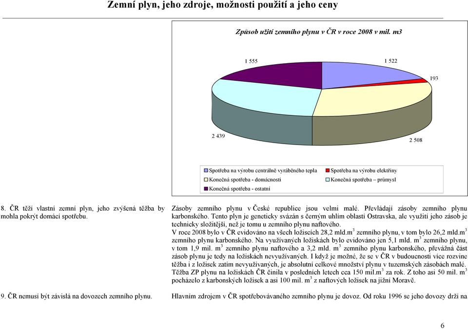 ČR těží vlastní zemní plyn, jeho zvýšená těžba by mohla pokrýt domácí spotřebu. Zásoby zemního plynu v České republice jsou velmi malé. Převládají zásoby zemního plynu karbonského.