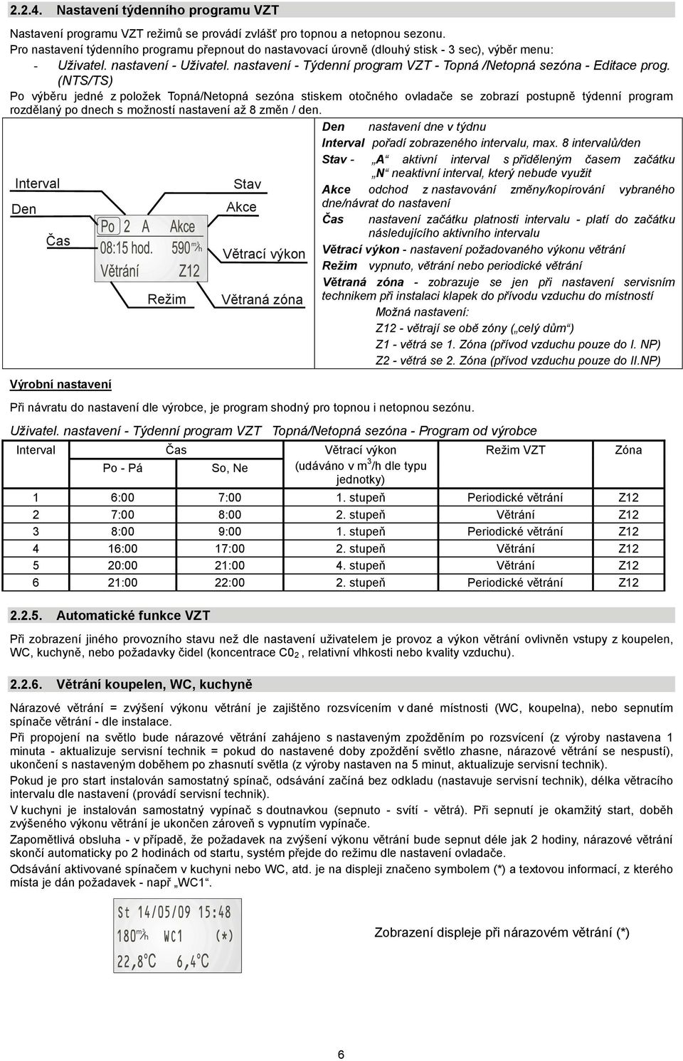 nastavení - Týdenní program VZT - Topná /Netopná sezóna - Editace prog.