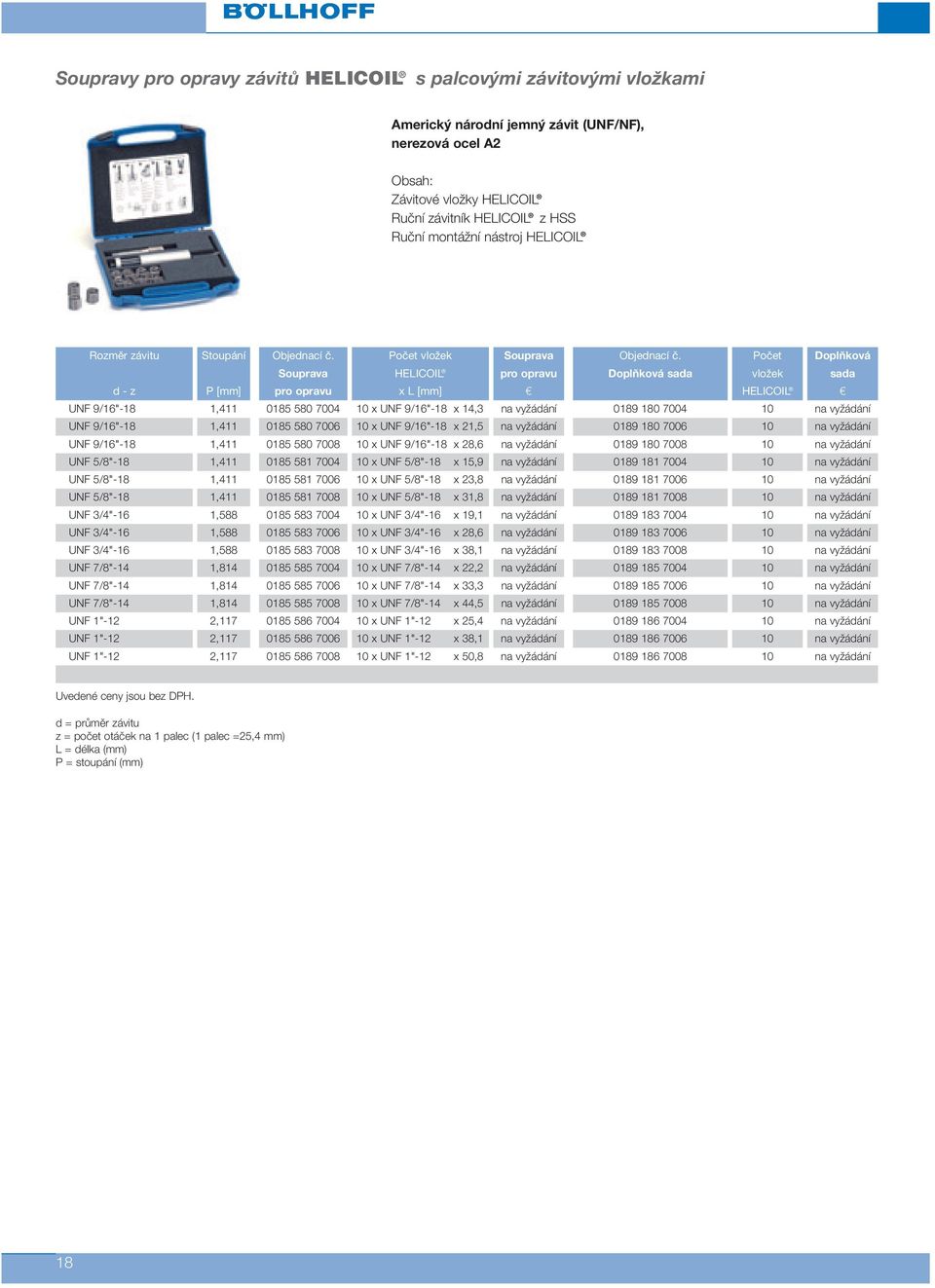 Počet Doplňková Souprava HELICOIL pro opravu Doplňková sada vložek sada d - z P [mm] pro opravu x L [mm] c HELICOIL c UNF 9/16"-18 1,411 0185 580 7004 10 x UNF 9/16"-18 x 14,3 na vyžádání 0189 180