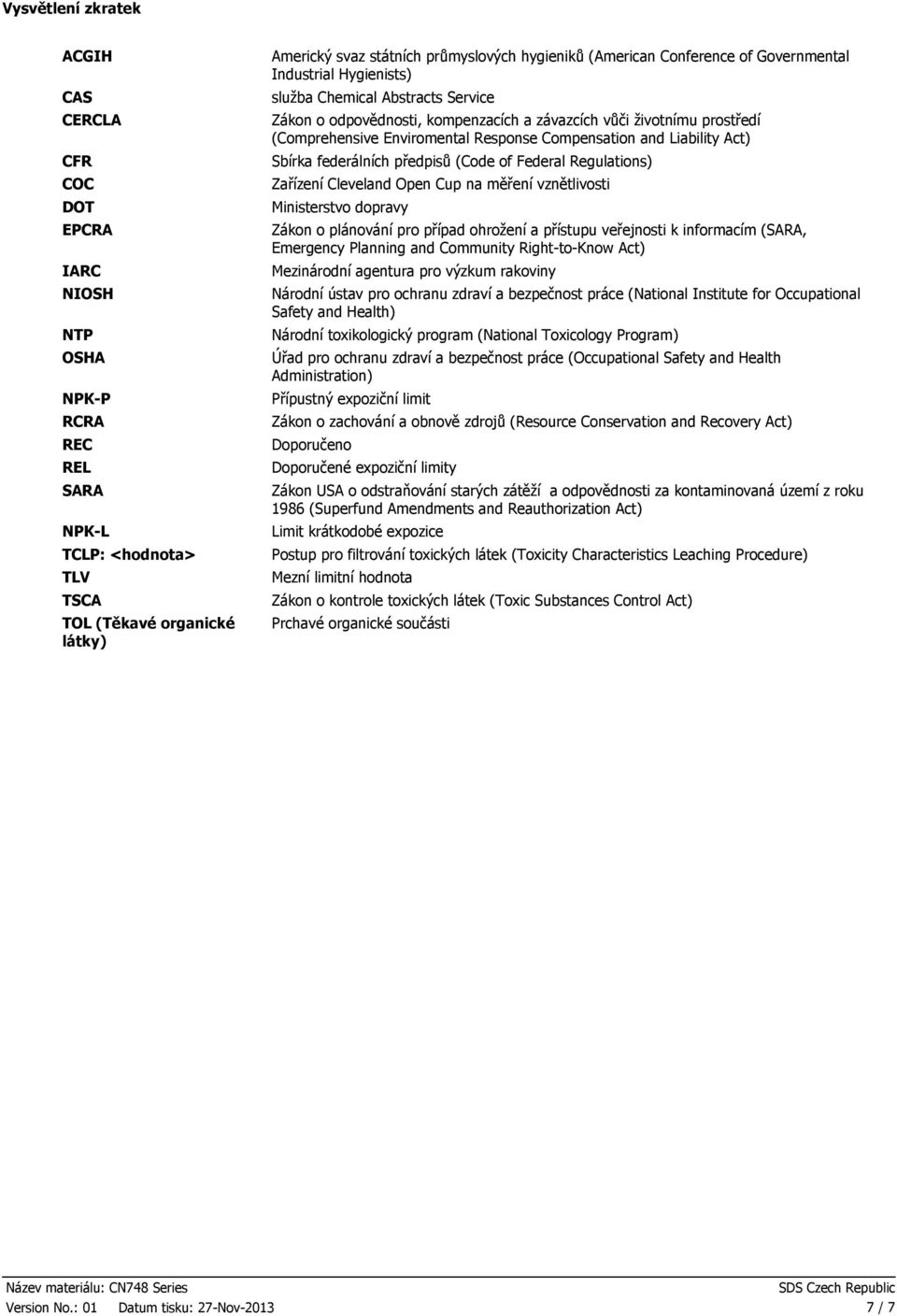 Enviromental Response Compensation and Liability Act) Sbírka federálních předpisů (Code of Federal Regulations) Zařízení Cleveland Open Cup na měření vznětlivosti Ministerstvo dopravy Zákon o