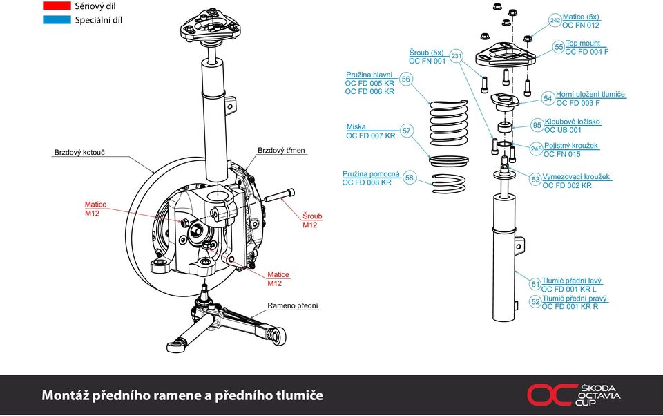 Pojistný kroužek OC FN 015 Pružina pomocná OC FD 008 KR 58 53 Vymezovací kroužek OC FD 002 KR Matice M12 Šroub M12 Matice