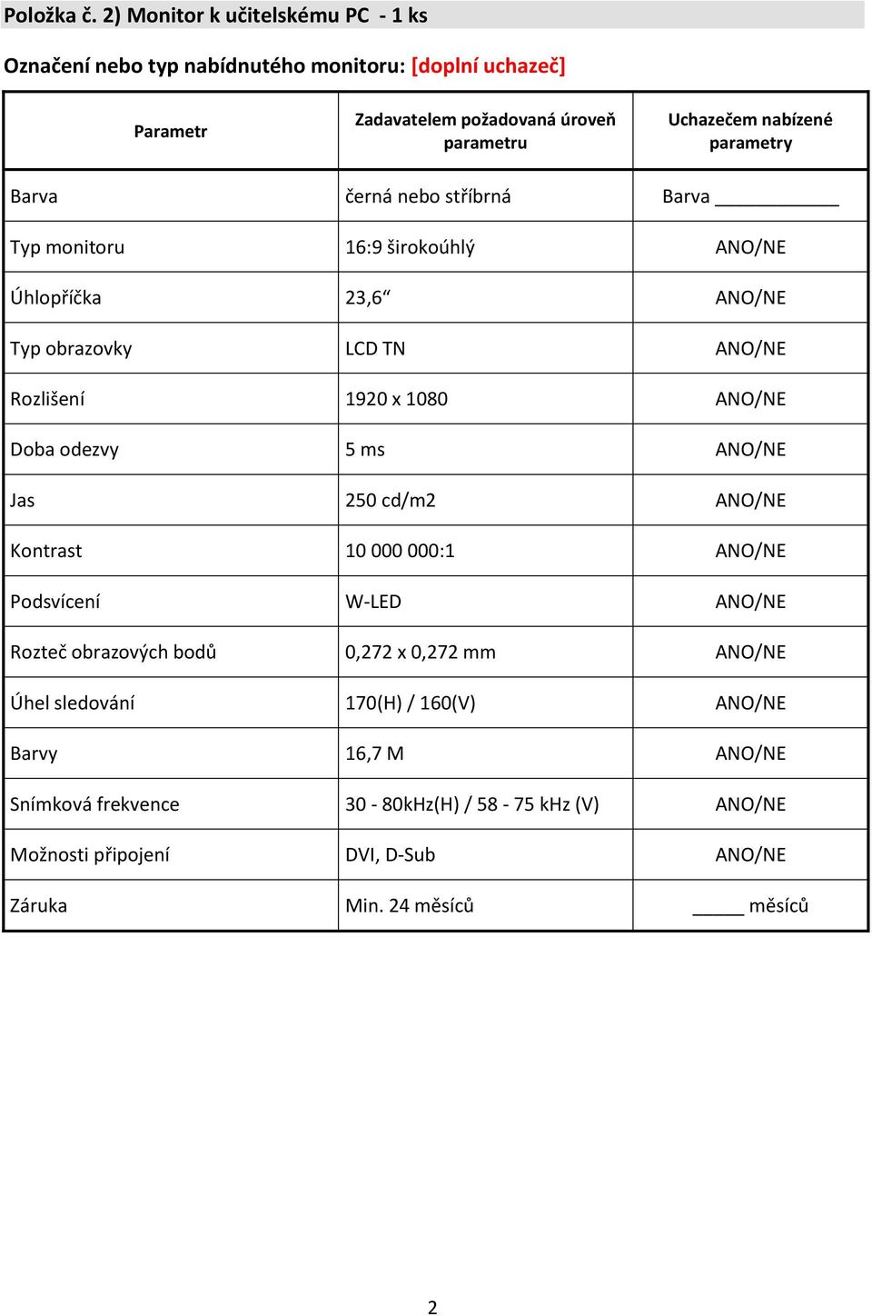 Uchazečem nabízené parametry Barva černá nebo stříbrná Barva Typ monitoru 16:9 širokoúhlý Úhlopříčka 23,6 Typ obrazovky LCD TN Rozlišení