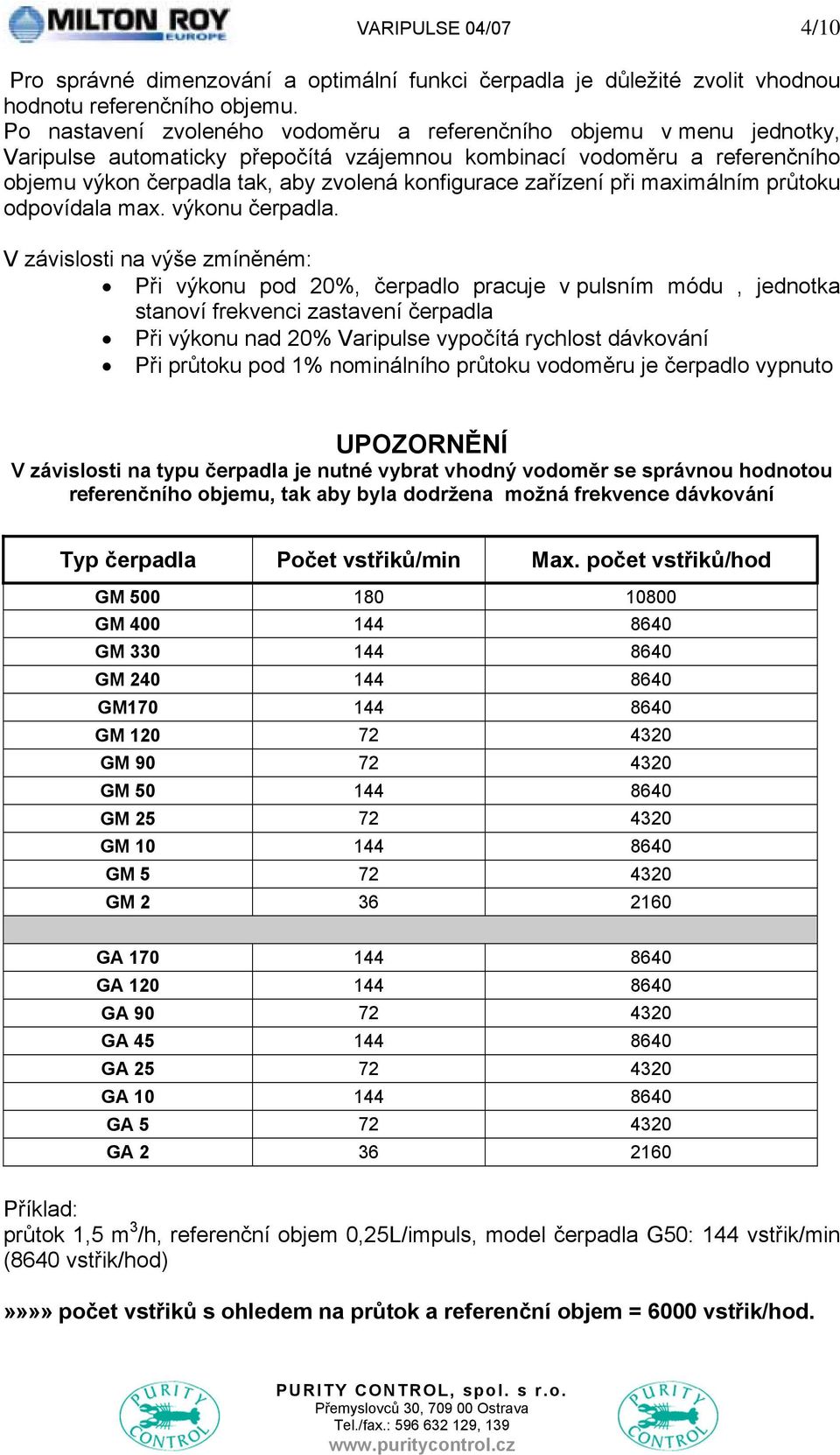 zařízení při maximálním průtoku odpovídala max. výkonu čerpadla.