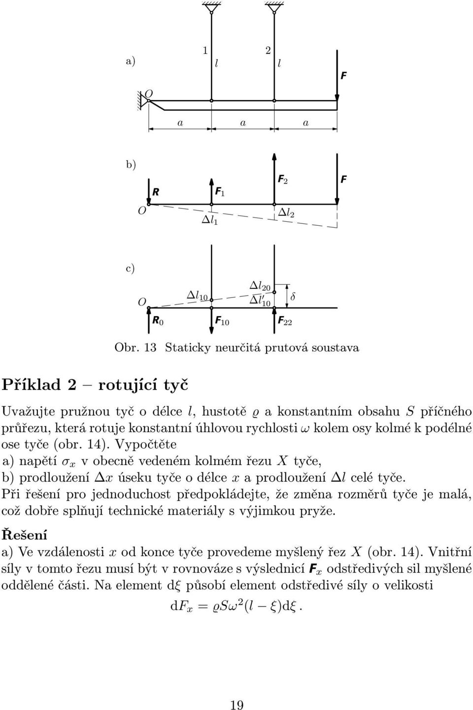 ose tyče(obr. 14). Vypočtěte a)napětí σ vobecněvedenémkomémřezu Xtyče, b) prodoužení úseku tyče o déce a prodoužení ceé tyče.