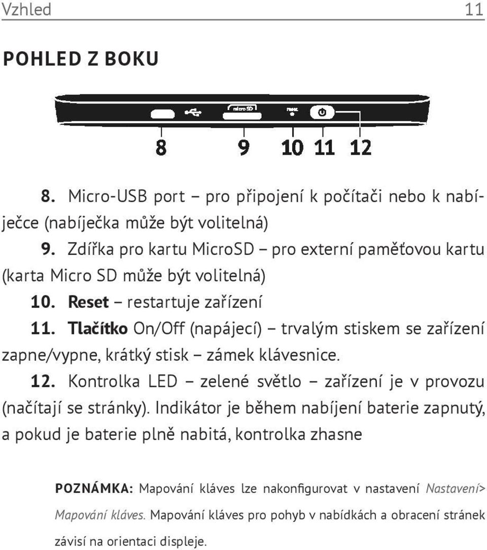 Tlačítko On/Off (napájecí) trvalým stiskem se zařízení zapne/vypne, krátký stisk zámek klávesnice. 12.