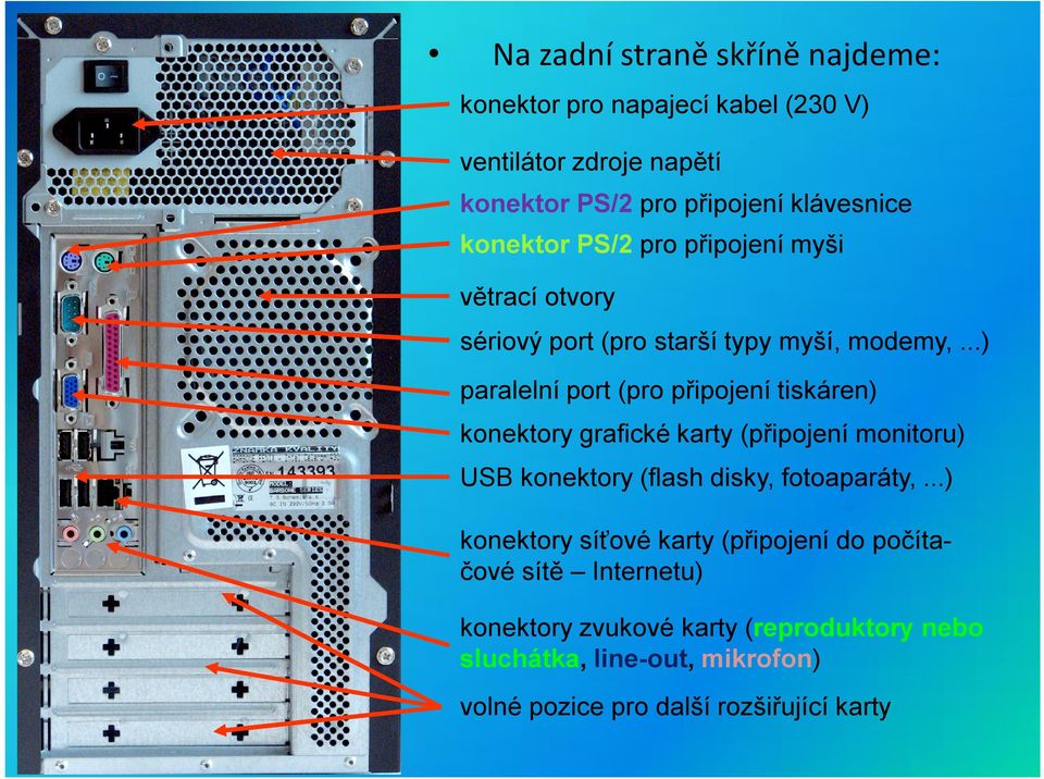 ..) paralelní port (pro připojení tiskáren) konektory grafické karty (připojení monitoru) USB konektory (flash disky, fotoaparáty,.