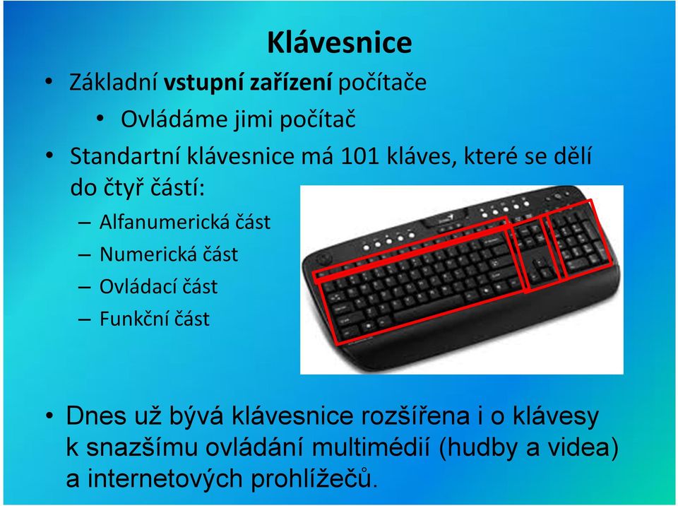 Numerická část Ovládací část Funkční část Dnes už bývá klávesnice rozšířena i