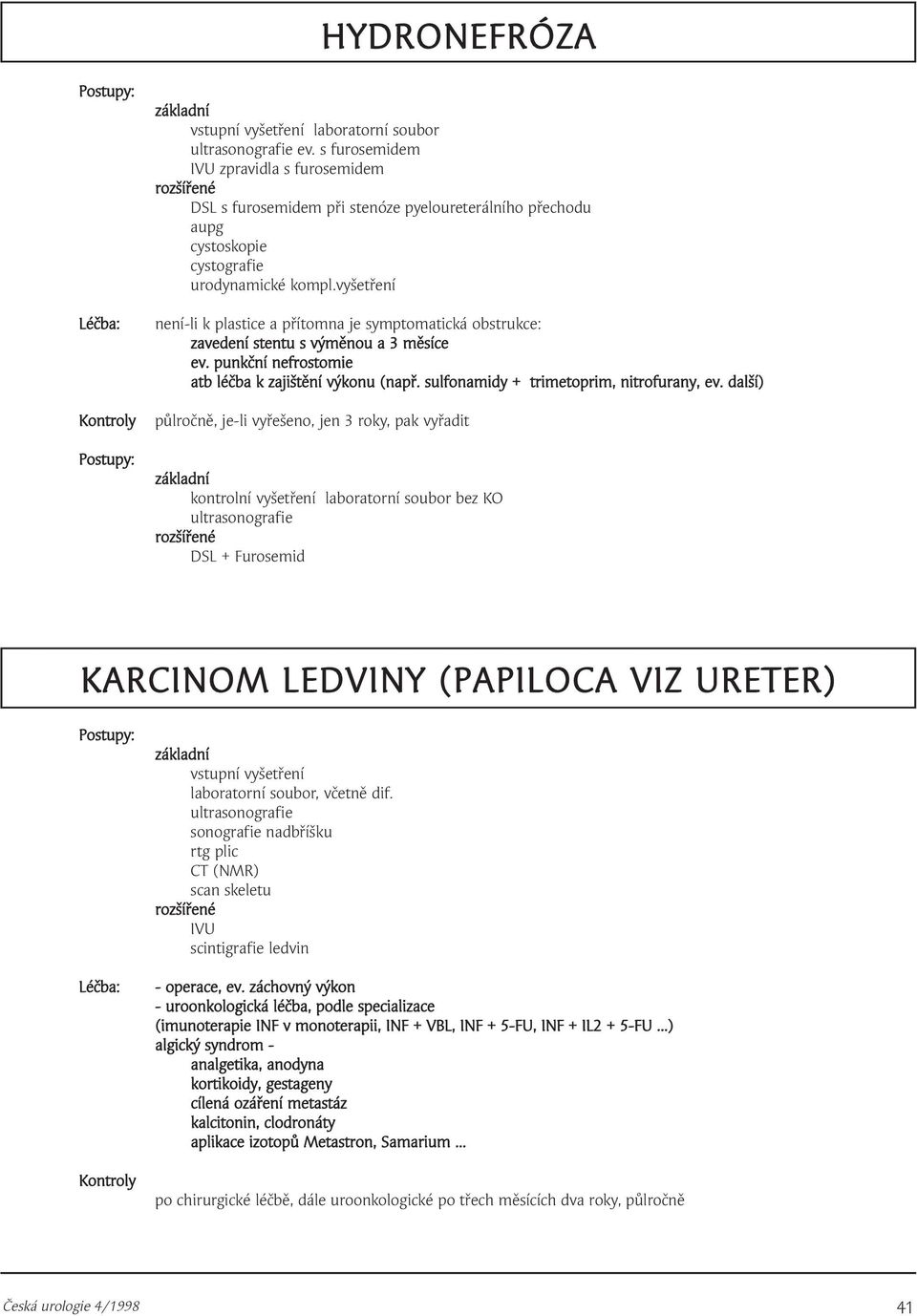 sulfonamidy + trimetoprim, nitrofurany, ev. další) půlročně, je-li vyřešeno, jen 3 roky, pak vyřadit bez KO DSL + Furosemid KARCINOM LEDVINY (PAPILOCA VIZ URETER) Léčba:, včetně dif.