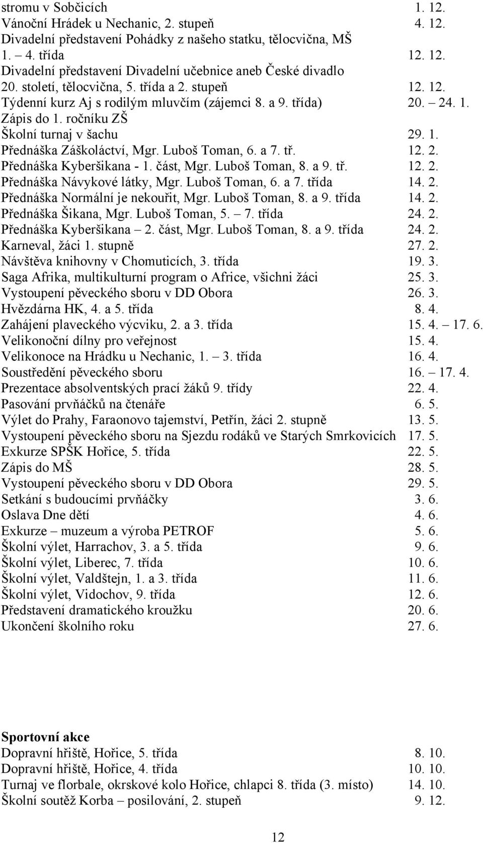 Luboš Toman, 6. a 7. tř. 12. 2. Přednáška Kyberšikana - 1. část, Mgr. Luboš Toman, 8. a 9. tř. 12. 2. Přednáška Návykové látky, Mgr. Luboš Toman, 6. a 7. třída 14. 2. Přednáška Normální je nekouřit, Mgr.