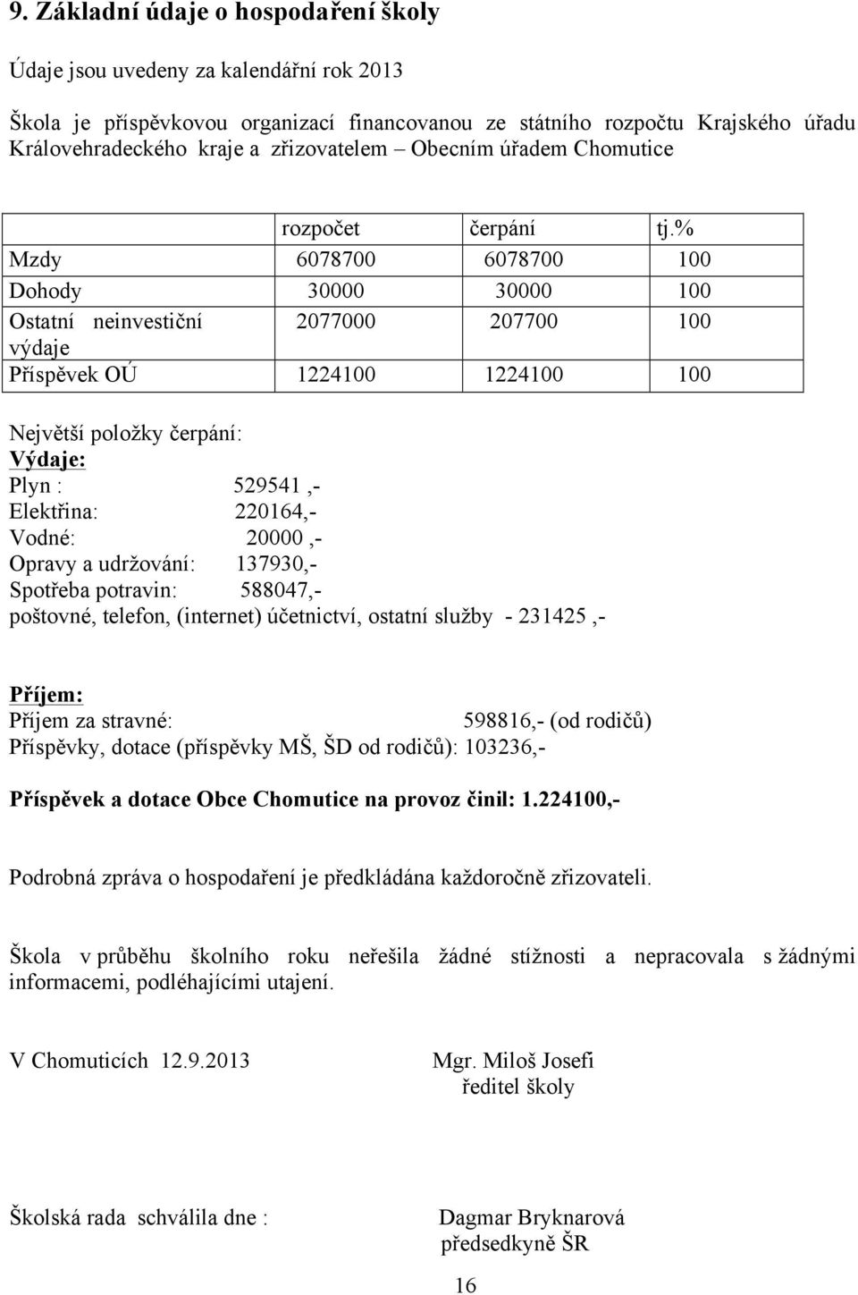 % Mzdy 6078700 6078700 100 Dohody 30000 30000 100 Ostatní neinvestiční 2077000 207700 100 výdaje Příspěvek OÚ 1224100 1224100 100 Největší položky čerpání: Výdaje: Plyn : 529541,- Elektřina: 220164,-