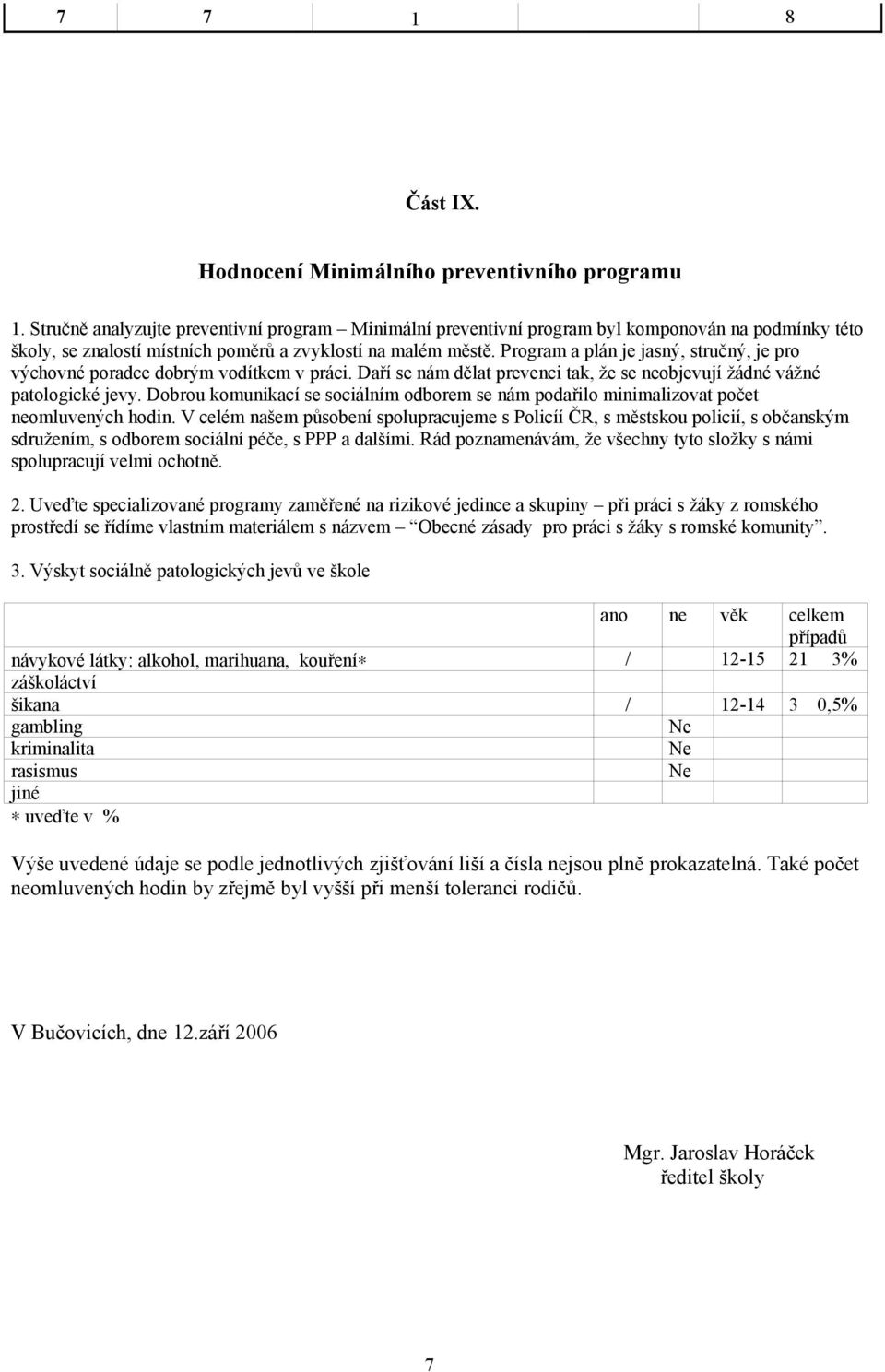 Program a plán je jasný, stručný, je pro výchovné poradce dobrým vodítkem v práci. Daří se nám dělat prevenci tak, že se neobjevují žádné vážné patologické jevy.