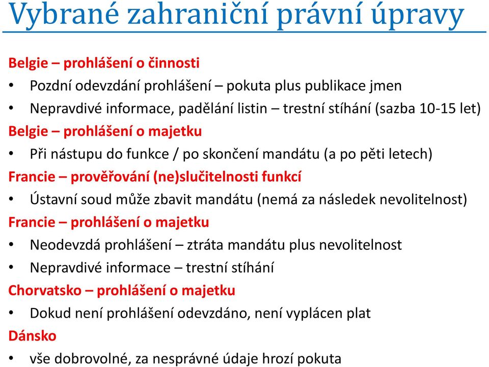 Ústavní soud může zbavit mandátu (nemá za následek nevolitelnost) Francie prohlášení o majetku Neodevzdá prohlášení ztráta mandátu plus nevolitelnost Nepravdivé