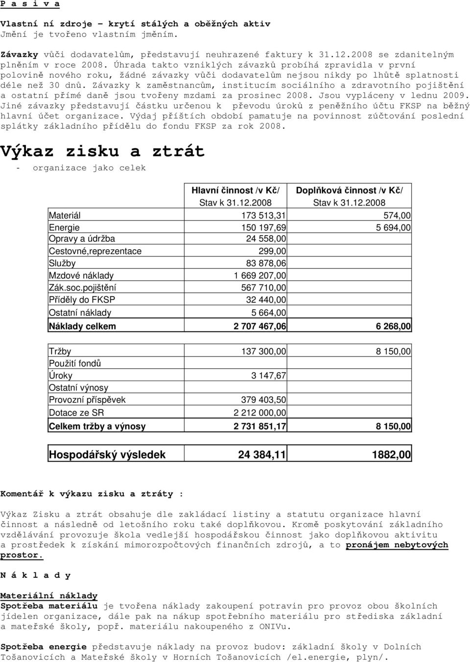 Závazky k zaměstnancům, institucím sociálního a zdravotního pojištění a ostatní přímé daně jsou tvořeny mzdami za prosinec 2008. Jsou vypláceny v lednu 2009.