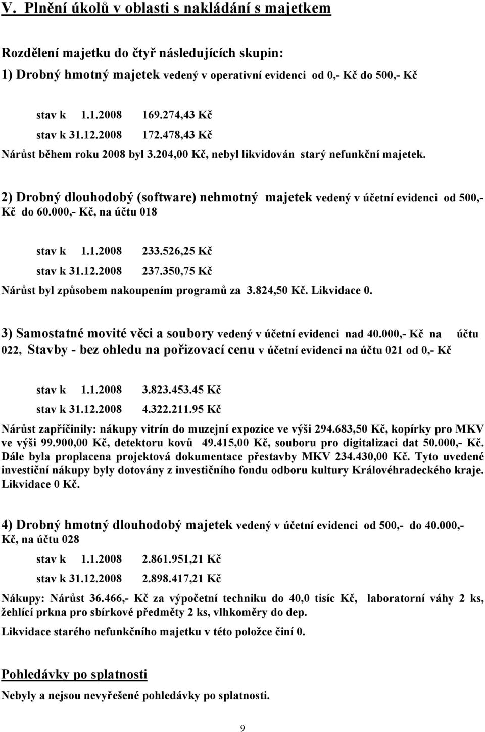 2) Drobný dlouhodobý (software) nehmotný majetek vedený v účetní evidenci od 500,- Kč do 60.000,- Kč, na účtu 018 stav k 1.1.2008 233.526,25 Kč stav k 31.12.2008 237.