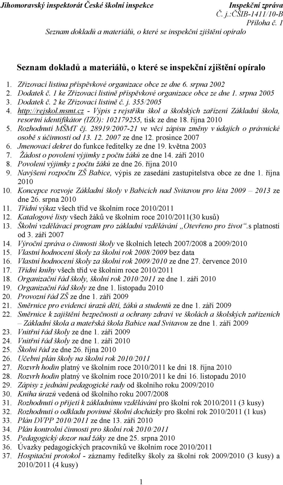 355/2005 4. http://rejskol.msmt.cz - Výpis z rejstříku škol a školských zařízení Základní škola, resortní identifikátor (IZO): 102179255, tisk ze dne 18. října 2010 5. Rozhodnutí MŠMT čj.