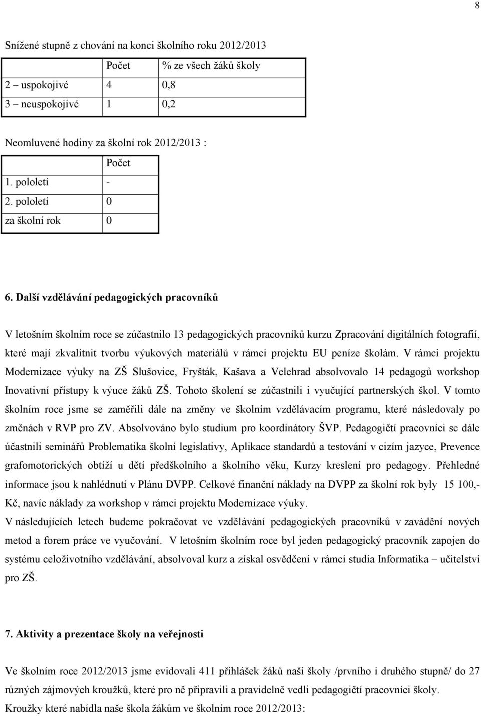 Další vzdělávání pedagogických pracovníků V letošním školním roce se zúčastnilo 13 pedagogických pracovníků kurzu Zpracování digitálních fotografií, které mají zkvalitnit tvorbu výukových materiálů v