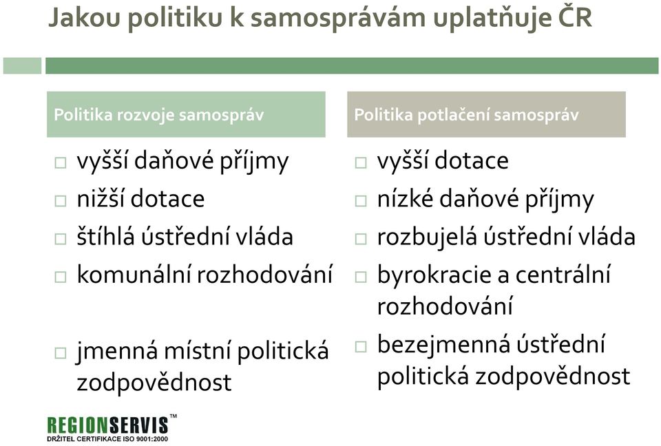 politická zodpovědnost Politika potlačení samospráv vyšší dotace nízké daňové příjmy