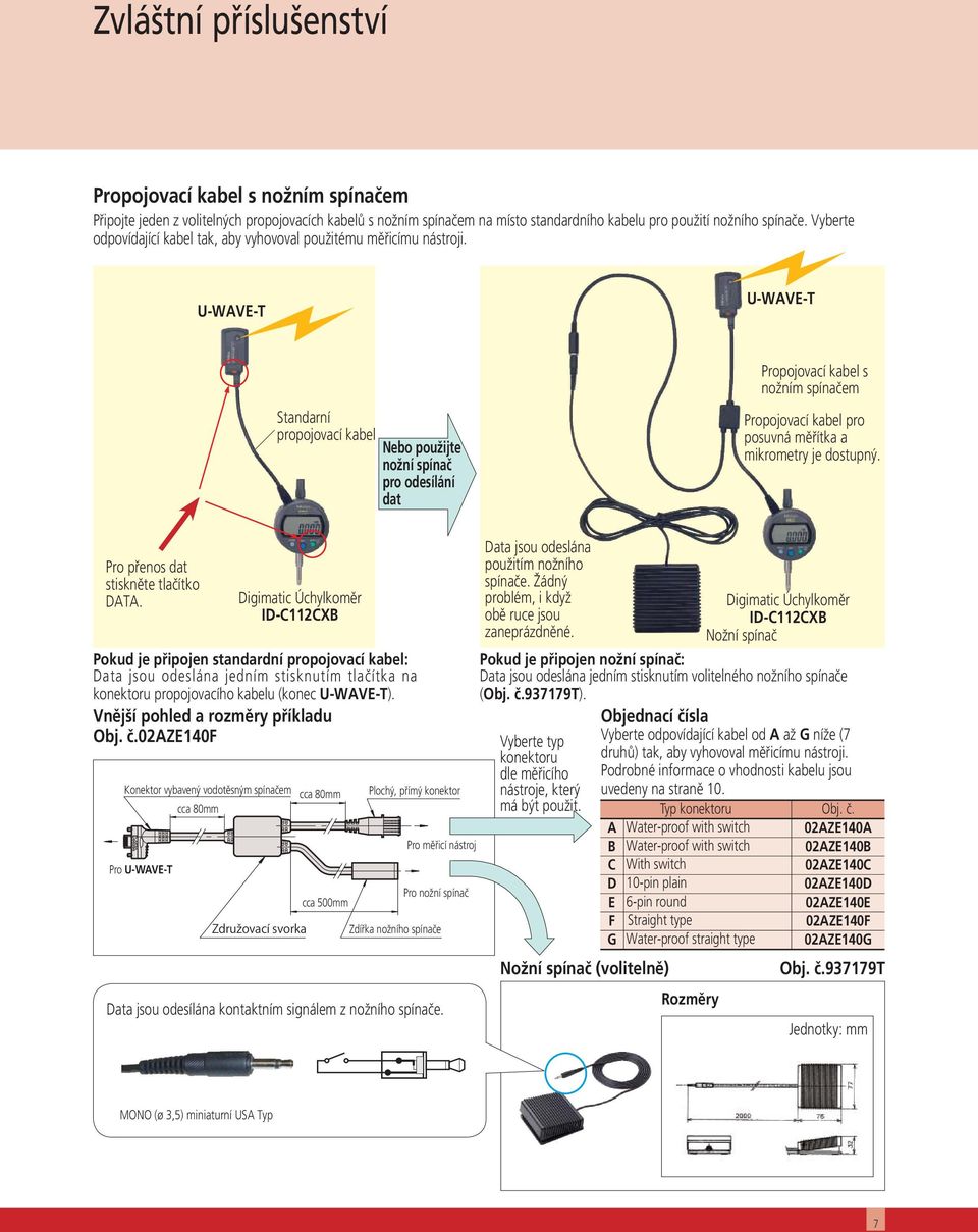 Standarní propojovací kabel Nebo použijte nožní spínač pro odesílání dat Propojovací kabel s nožním spínačem Propojovací kabel pro posuvná měřítka a mikrometry je dostupný.
