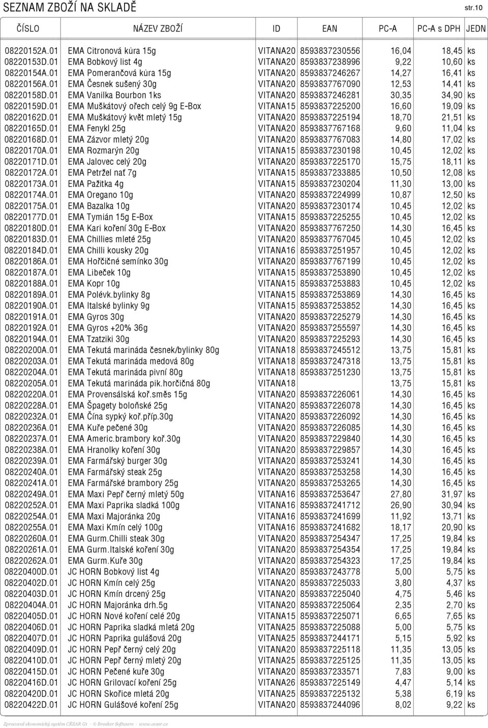 01 EMA Vanilka Bourbon 1ks VITANA20 8593837246281 30,35 34,90 ks 08220159D.01 EMA Muškátový ořech celý 9g E-Box VITANA15 8593837225200 16,60 19,09 ks 08220162D.