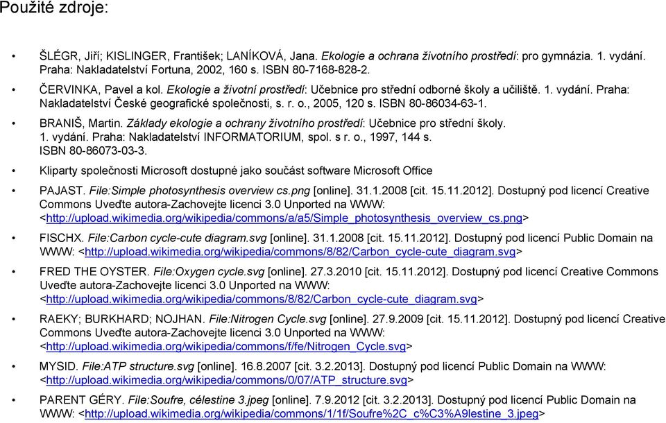 ISBN 80-86034-63-1. BRANIŠ, Martin. Základy ekologie a ochrany životního prostředí: Učebnice pro střední školy. 1. vydání. Praha: Nakladatelství INFORMATORIUM, spol. s r. o., 1997, 144 s.