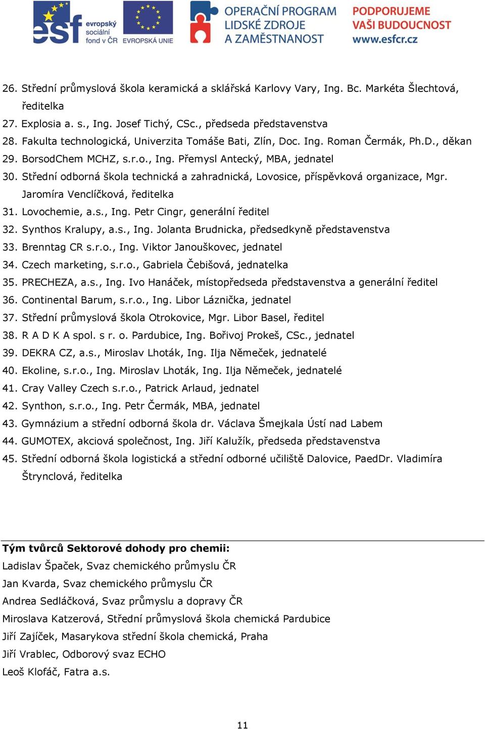 Střední odborná škola technická a zahradnická, Lovosice, příspěvková organizace, Mgr. Jaromíra Venclíčková, ředitelka 31. Lovochemie, a.s., Ing. Petr Cingr, generální ředitel 32. Synthos Kralupy, a.s., Ing. Jolanta Brudnicka, předsedkyně představenstva 33.