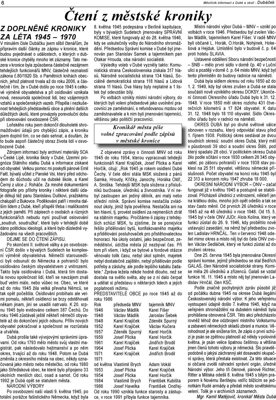 o Pamětních knihách obecních, jehož platnost trvala až do roku 2006, a částečně i tím, že v Dubé došlo po roce 1945 k celkové výměně obyvatelstva a při osídlování vznikala nová, nesourodá společnost