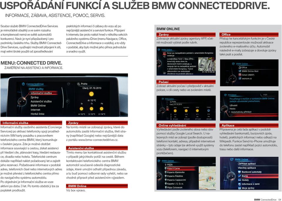 Služby BMW Connected- Drive Services, využívající možností připojení k síti, mají velmi široké použití od zprostředkování praktických informací či zábavy do vozu až po nejrůznější asistenční a