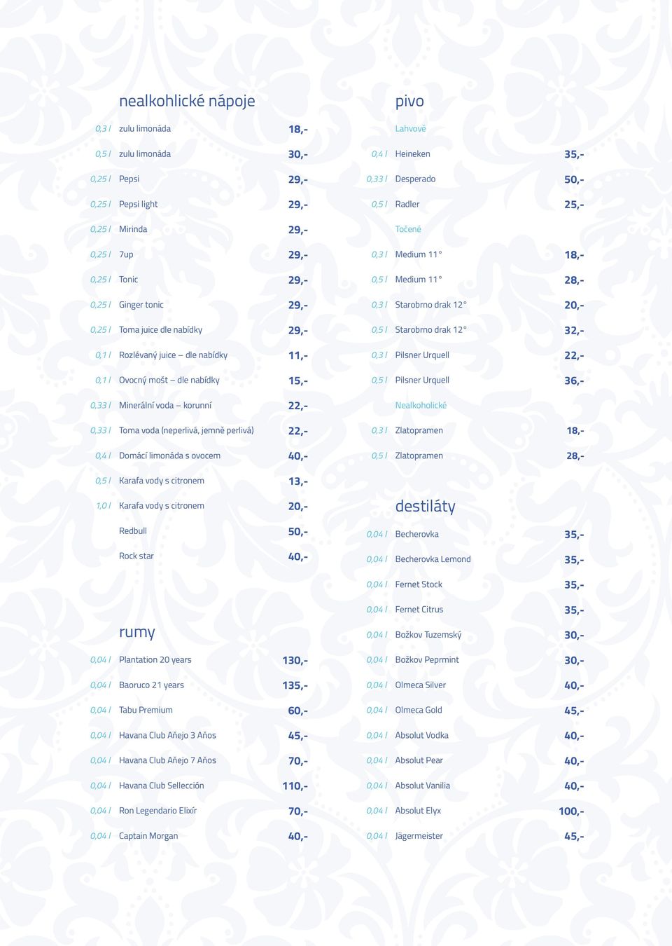 limonáda s ovocem 40,- pivo Lahvové 0,4 l Heineken 35,- 0,33 l Desperado 50,- 0,5 l Radler 25,- Točené 0,3 l Medium 11 18,- 0,5 l Medium 11 28,- 0,3 l Starobrno drak 12 20,- 0,5 l Starobrno drak 12