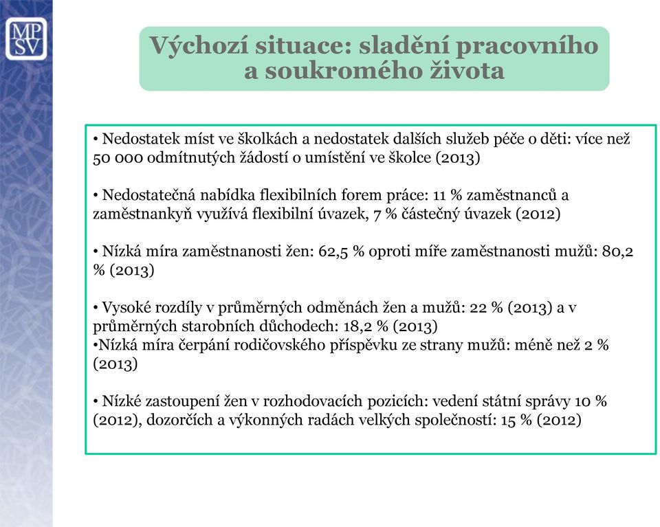 míře zaměstnanosti mužů: 80,2 % (2013) Vysoké rozdíly v průměrných odměnách žen a mužů: 22 % (2013) a v průměrných starobních důchodech: 18,2 % (2013) Nízká míra čerpání rodičovského