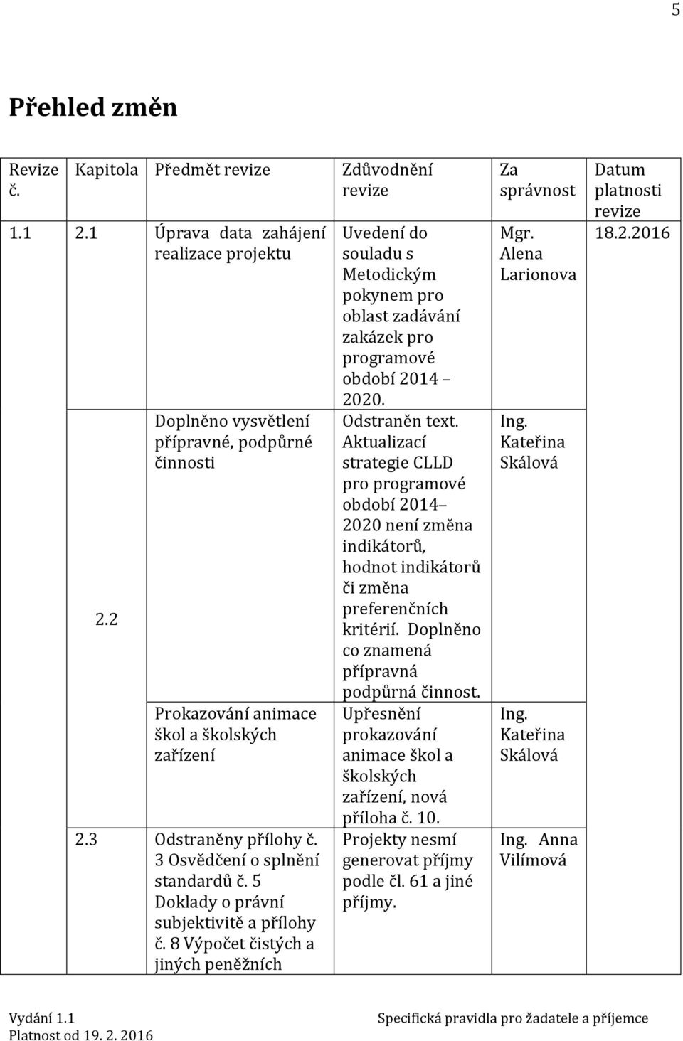 5 Doklady o právní subjektivitě a přílohy č. 8 Výpočet čistých a jiných peněžních Uvedení do souladu s Metodickým pokynem pro oblast zadávání zakázek pro programové období 2014 2020. Odstraněn text.