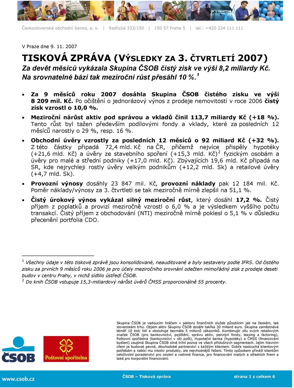 Meziroční nárůst aktiv pod správou a vkladů činil 113,7 miliardy Kč (+18 %). Tento růst byl tažen především podílovými fondy a vklady, které za posledních 12 měsíců narostly o 29 %, resp. 16 %.