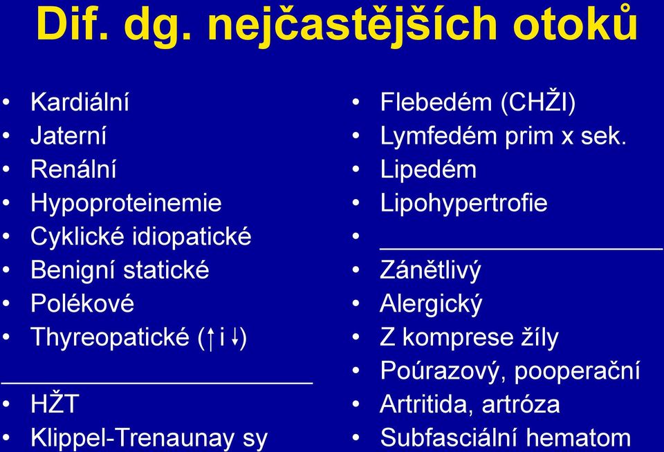 idiopatické Benigní statické Polékové Thyreopatické ( i ) HŽT Klippel-Trenaunay