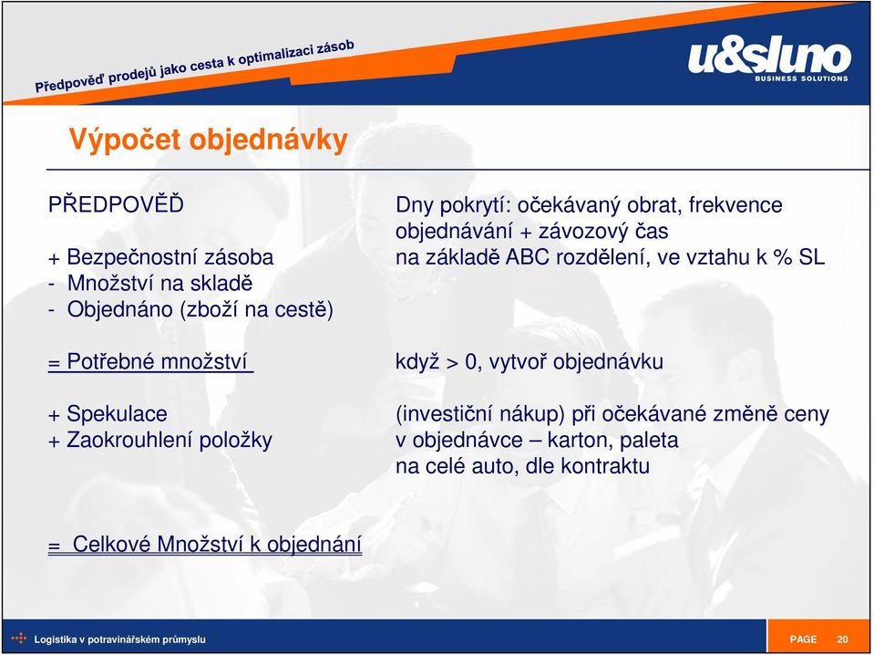 cestě) = Potřebné množství když > 0, vytvoř objednávku + Spekulace (investiční nákup) při očekávané změně