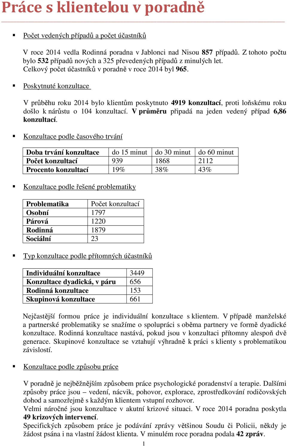 Poskytnuté konzultace V průběhu roku 2014 bylo klientům poskytnuto 4919 konzultací, proti loňskému roku došlo k nárůstu o 104 konzultací. V průměru připadá na jeden vedený případ 6,86 konzultací.