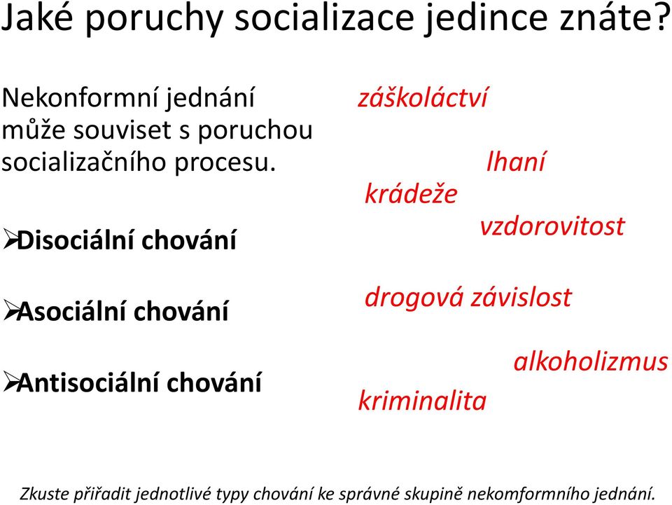 Disociální chování Asociální chování Antisociální chování záškoláctví lhaní