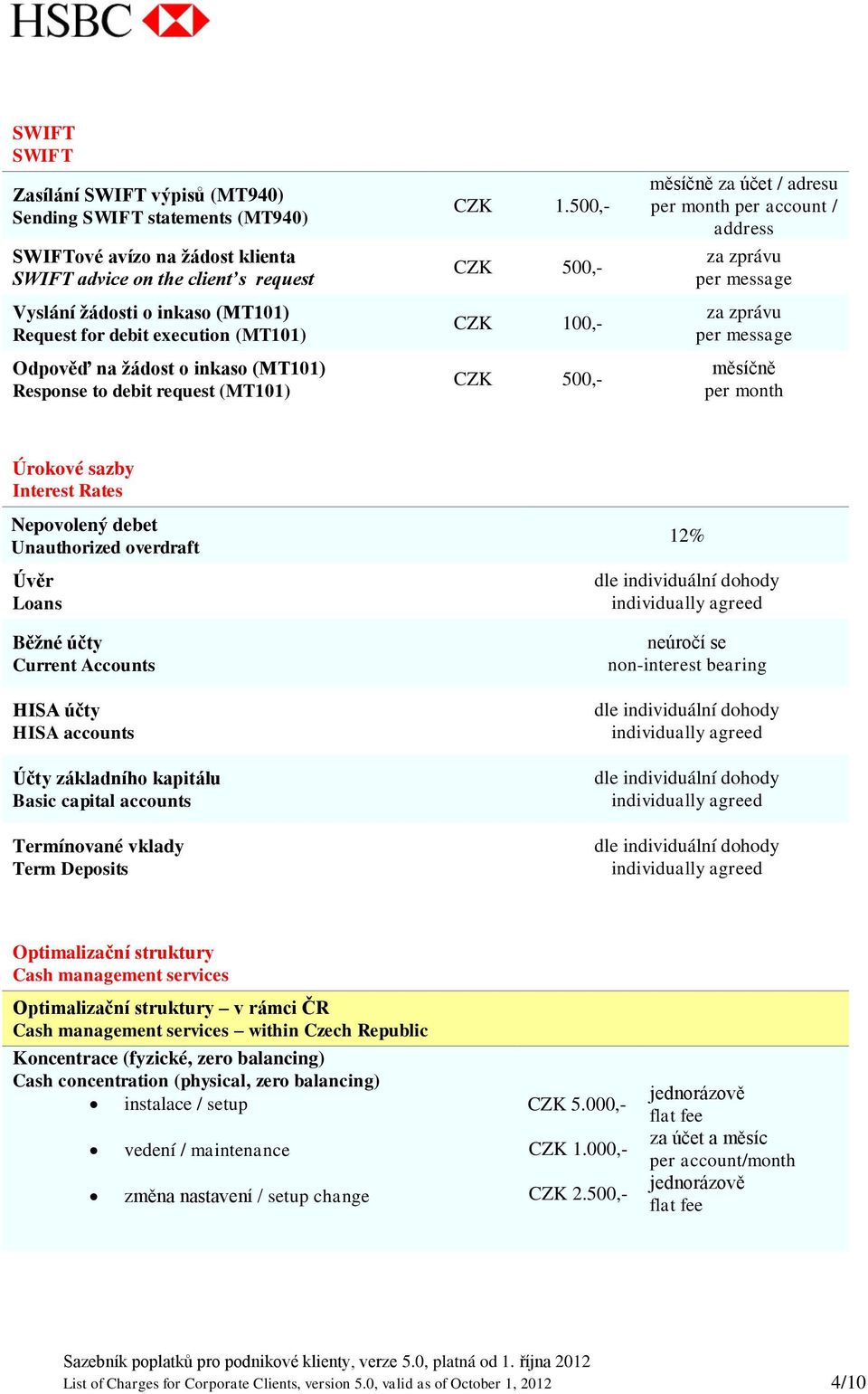 500,- CZK 100,- za účet / adresu per account / address za zprávu per message za zprávu per message Úrokové sazby Interest Rates Nepovolený debet Unauthorized overdraft Úvěr Loans Běžné účty Current