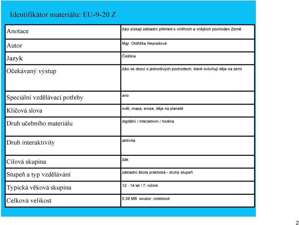 učebního materiálu ano svět, mapa, eroze, děje na planetě digitální / interaktivní / hodina Druh interaktivity aktivita Cílová skupina Stupeň a