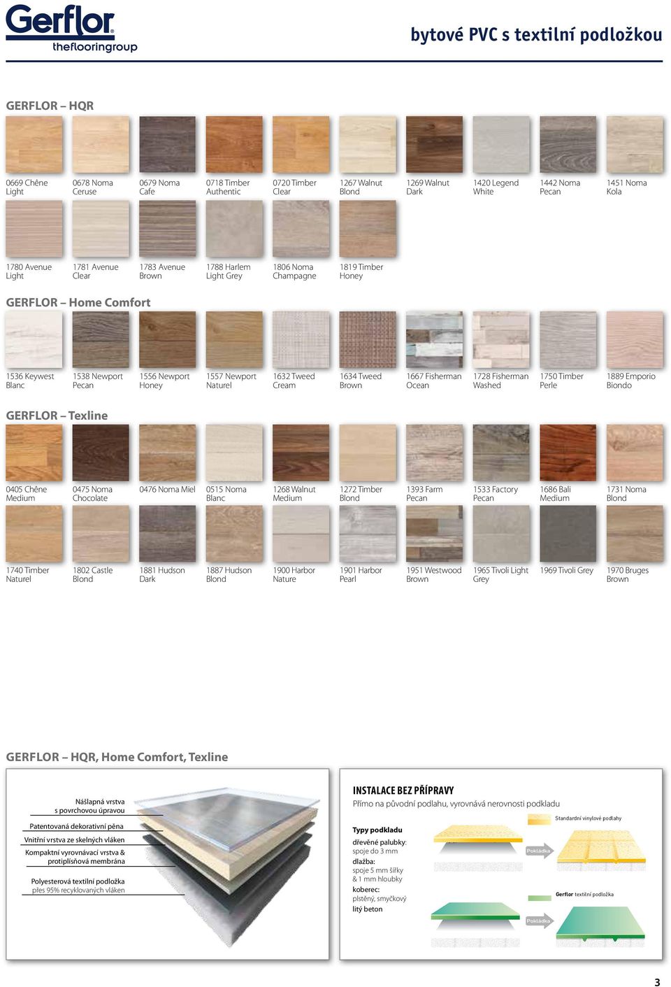 Newport Honey 1557 Newport Naturel 1632 Tweed Cream 1634 Tweed Brown 1667 Fisherman Ocean 1728 Fisherman Washed 1750 Timber Perle 1889 Emporio Biondo GERFLOR Texline 0405 Chêne Medium 0475 Noma