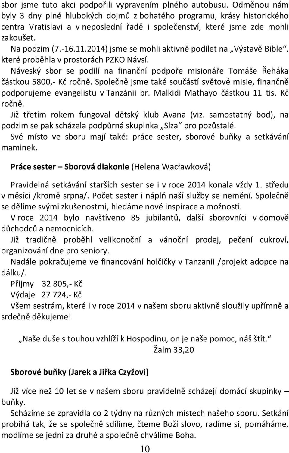 2014) jsme se mohli aktivně podílet na Výstavě Bible, které proběhla v prostorách PZKO Návsí. Náveský sbor se podílí na finanční podpoře misionáře Tomáše Řeháka částkou 5800,- Kč ročně.