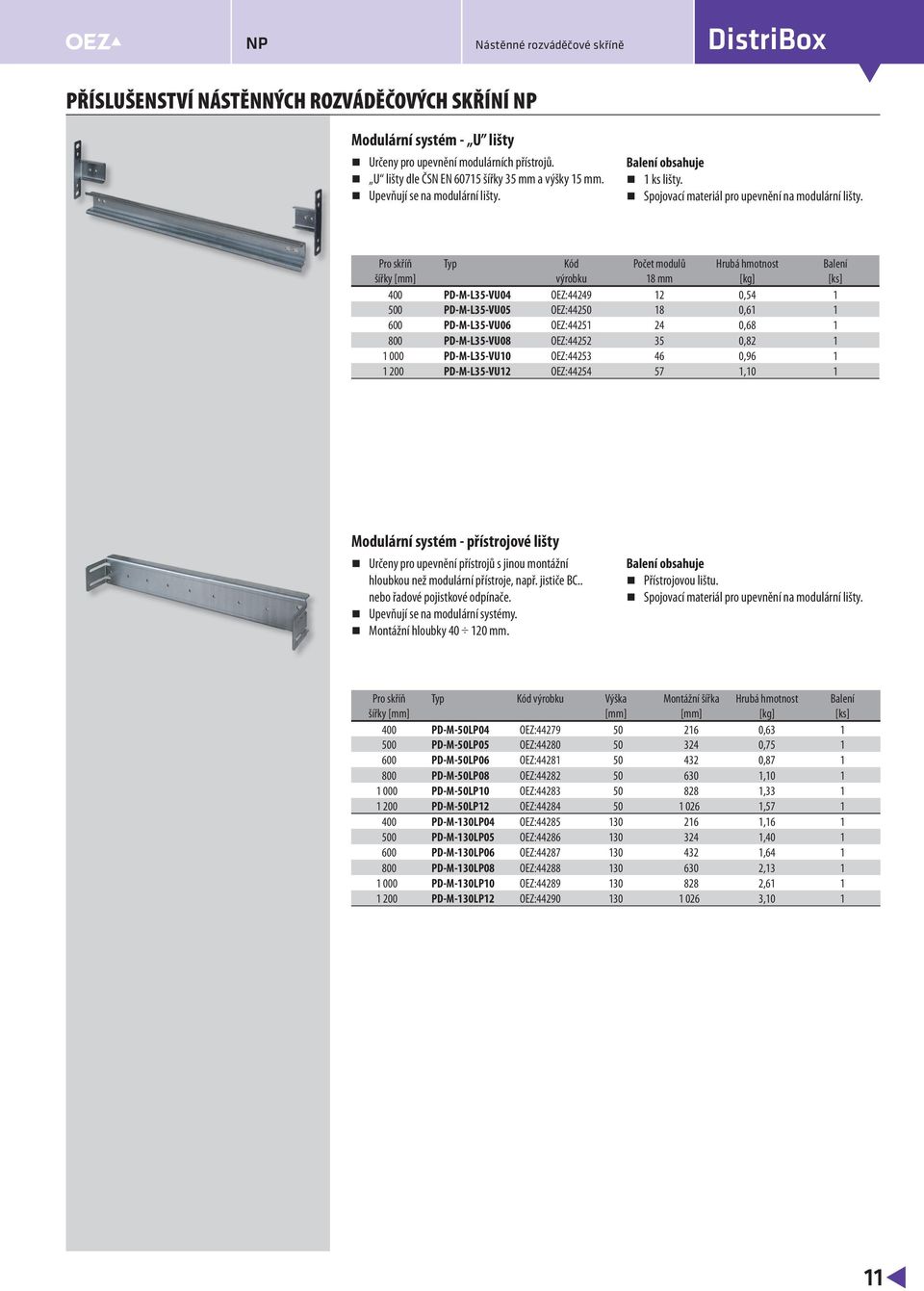 Pro skříň Typ Kód Počet modulů Hrubá hmotnost Balení šířky výrobku 18 mm [ks] 400 PD-M-L35-VU04 OEZ:44249 12 0,54 1 PD-M-L35-VU05 OEZ:44250 18 0,61 1 PD-M-L35-VU06 OEZ:44251 24 0,68 1 800